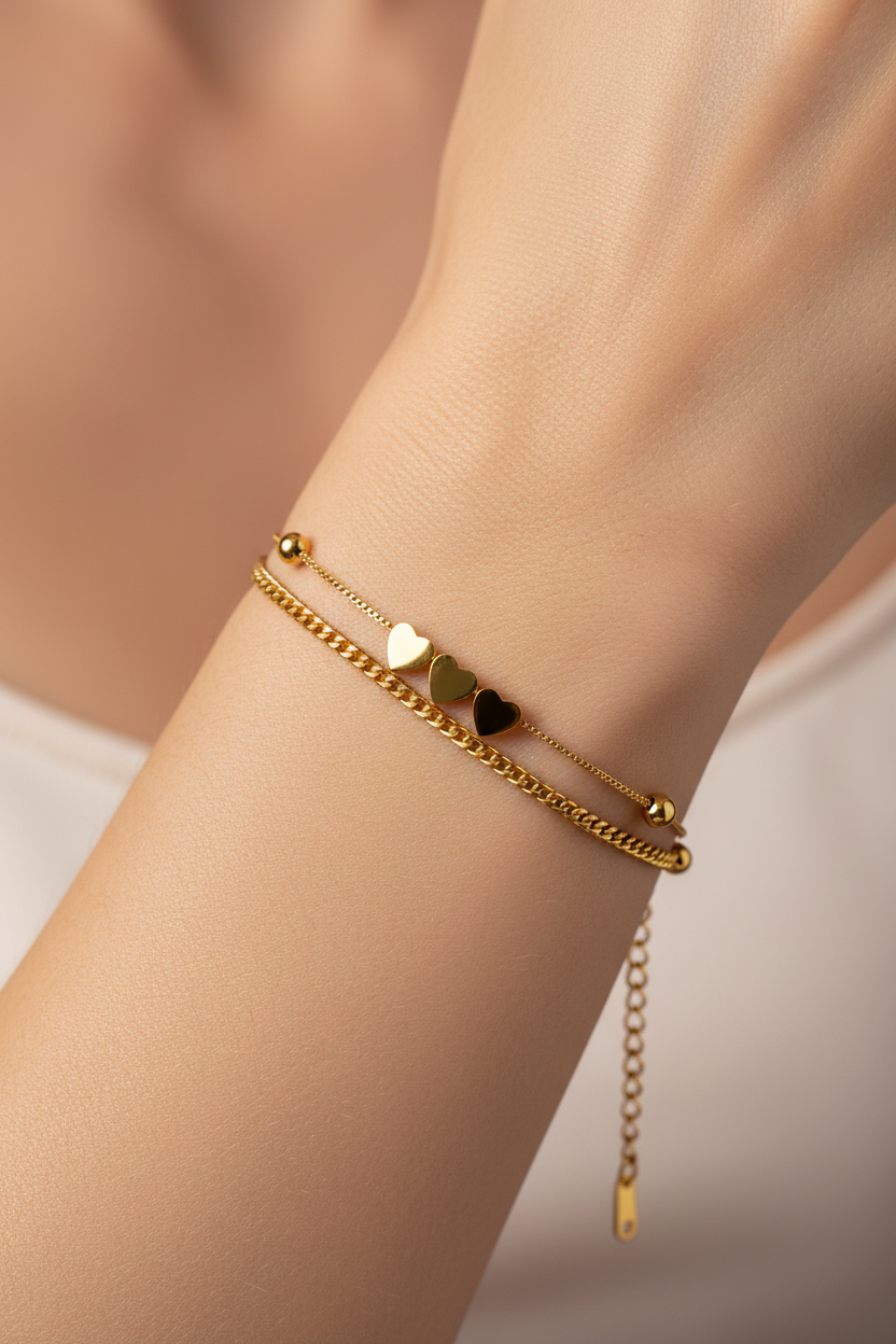Heart Charms Double Chain Bracelet