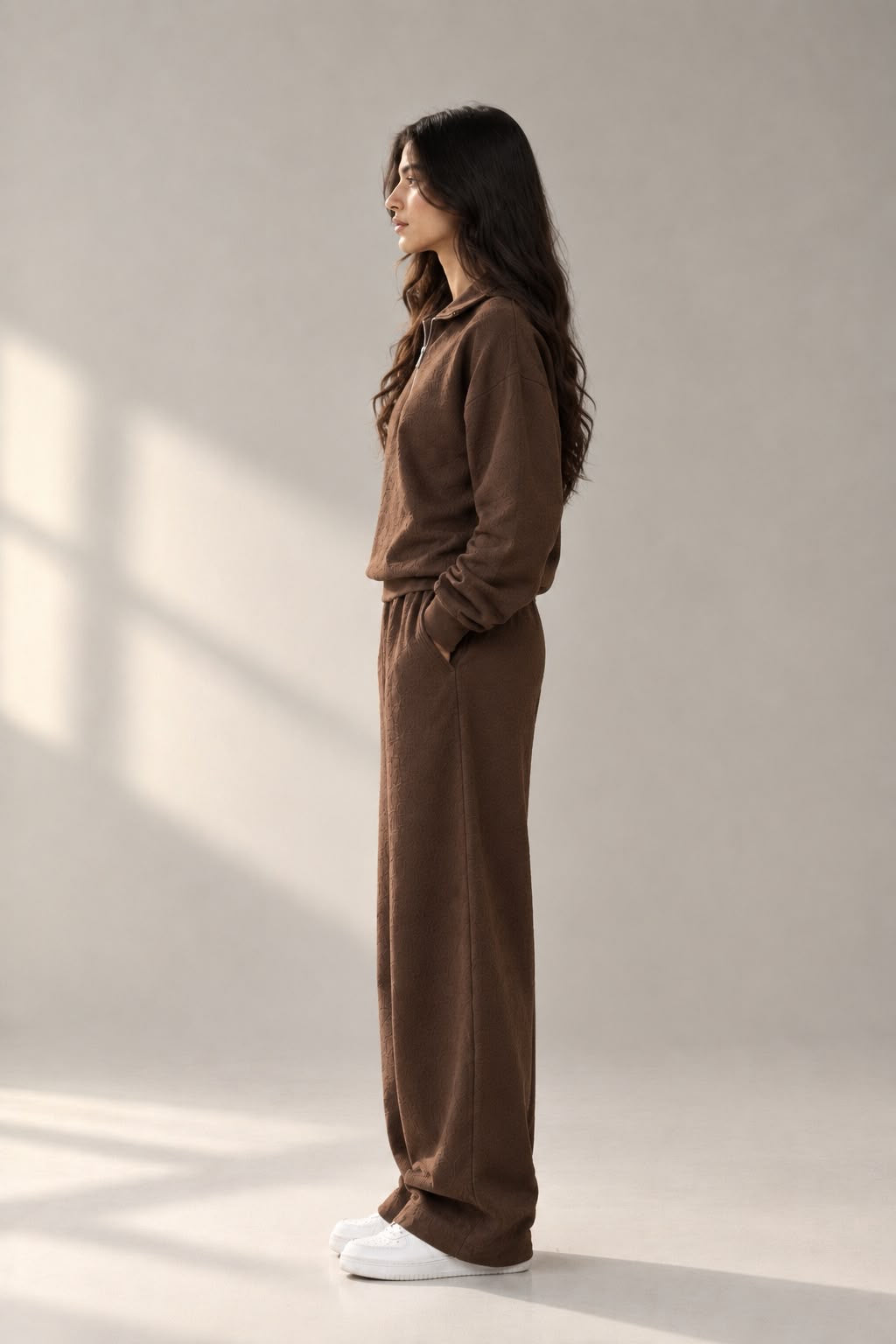 MOCHA BROWN QUARTER ZIPPER CORD SET-OVERSIZED