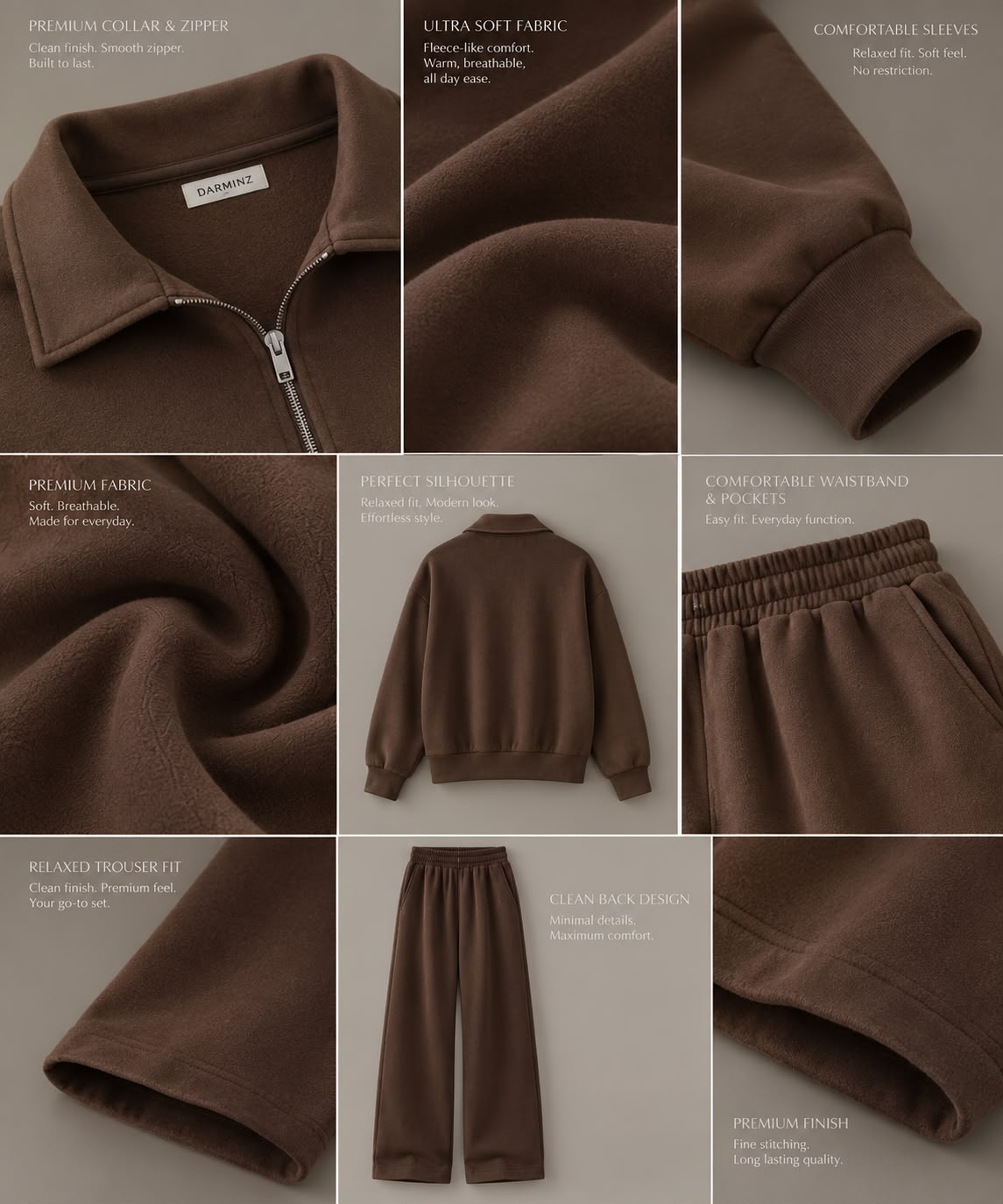 MOCHA BROWN QUARTER ZIPPER CORD SET-OVERSIZED