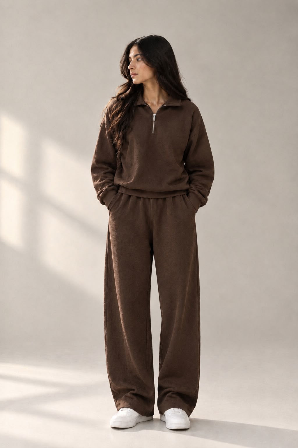 MOCHA BROWN QUARTER ZIPPER CORD SET-OVERSIZED