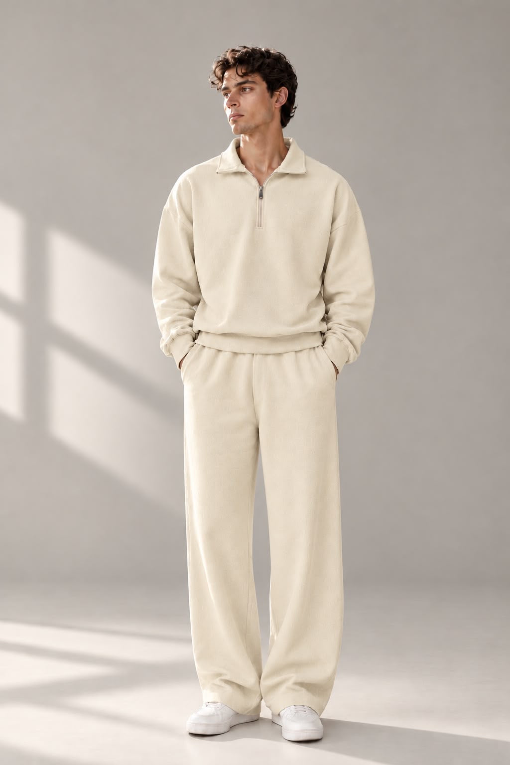 IVORY QUARTER ZIPPER CORD SET-OVERSIZED