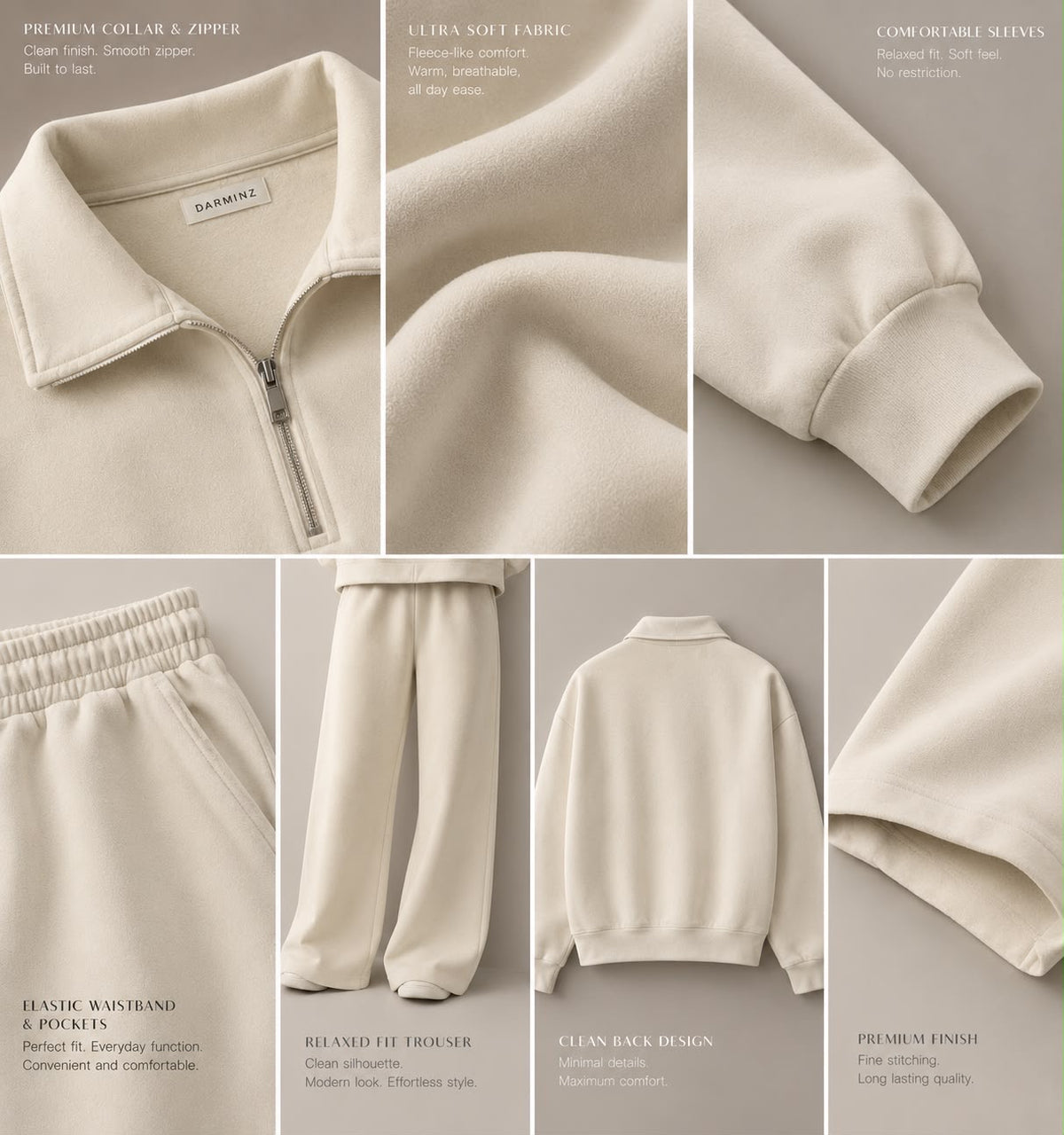 IVORY QUARTER ZIPPER CORD SET-OVERSIZED