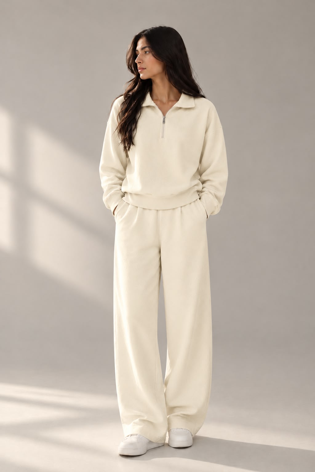 IVORY QUARTER ZIPPER CORD SET-OVERSIZED