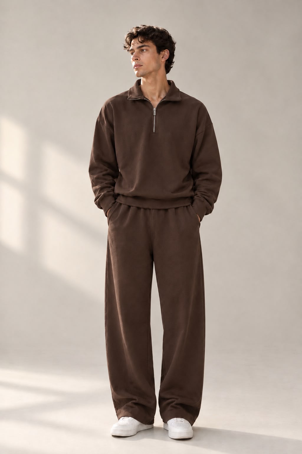 MOCHA BROWN QUARTER ZIPPER CORD SET-OVERSIZED