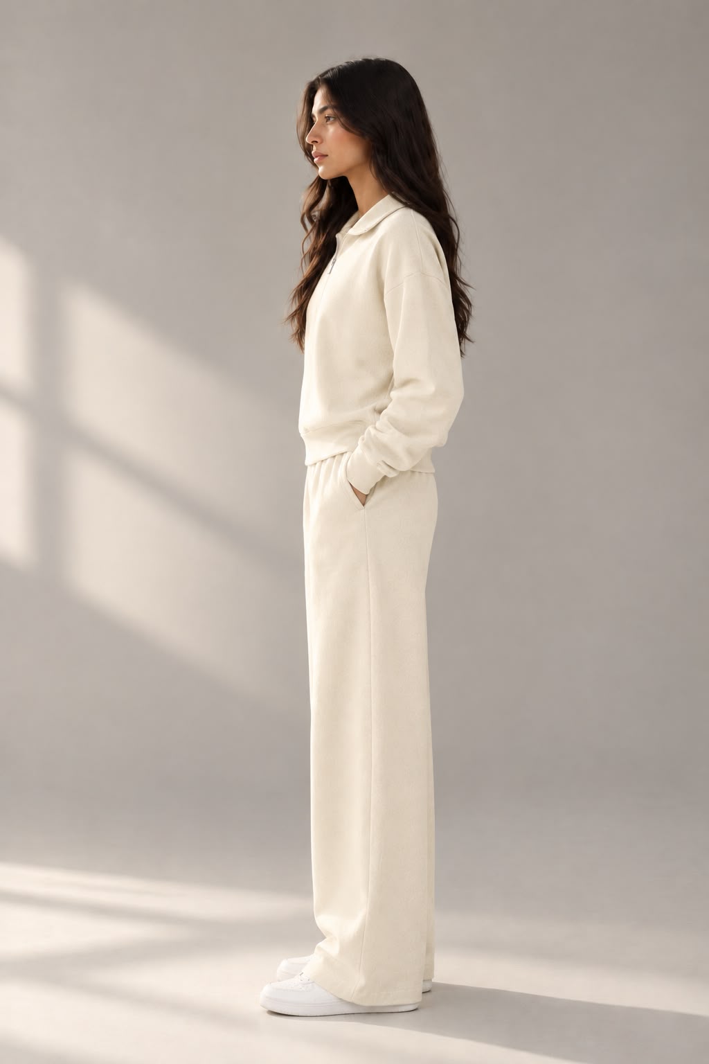 IVORY QUARTER ZIPPER CORD SET-OVERSIZED