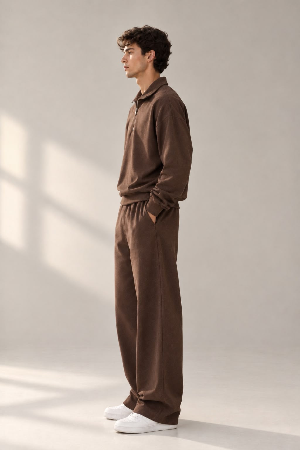 MOCHA BROWN QUARTER ZIPPER CORD SET-OVERSIZED